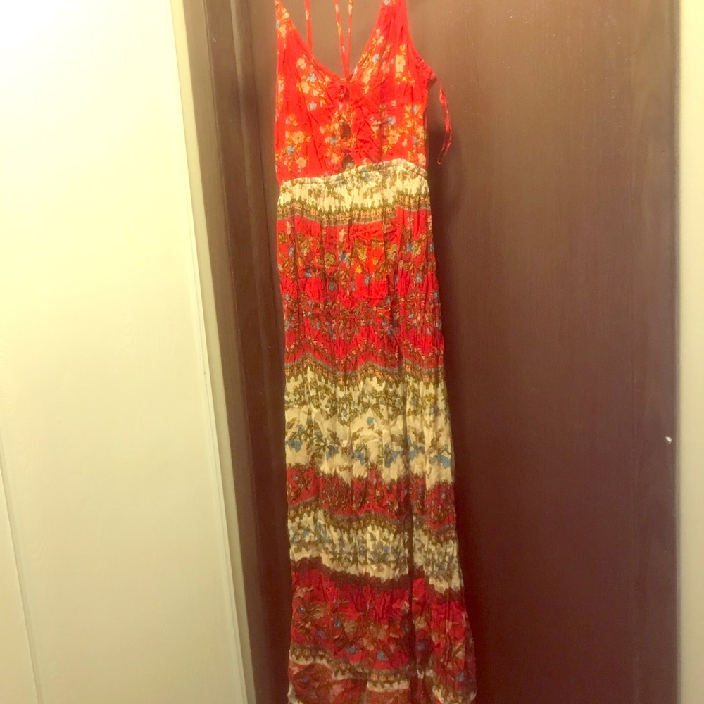 Red and tan spaghetti strapped  maxi dress.